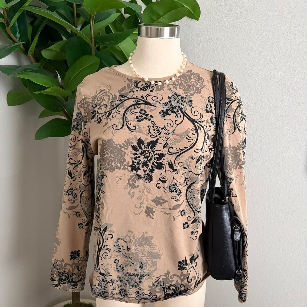 Koret tan + black floral long sleeve top Size S